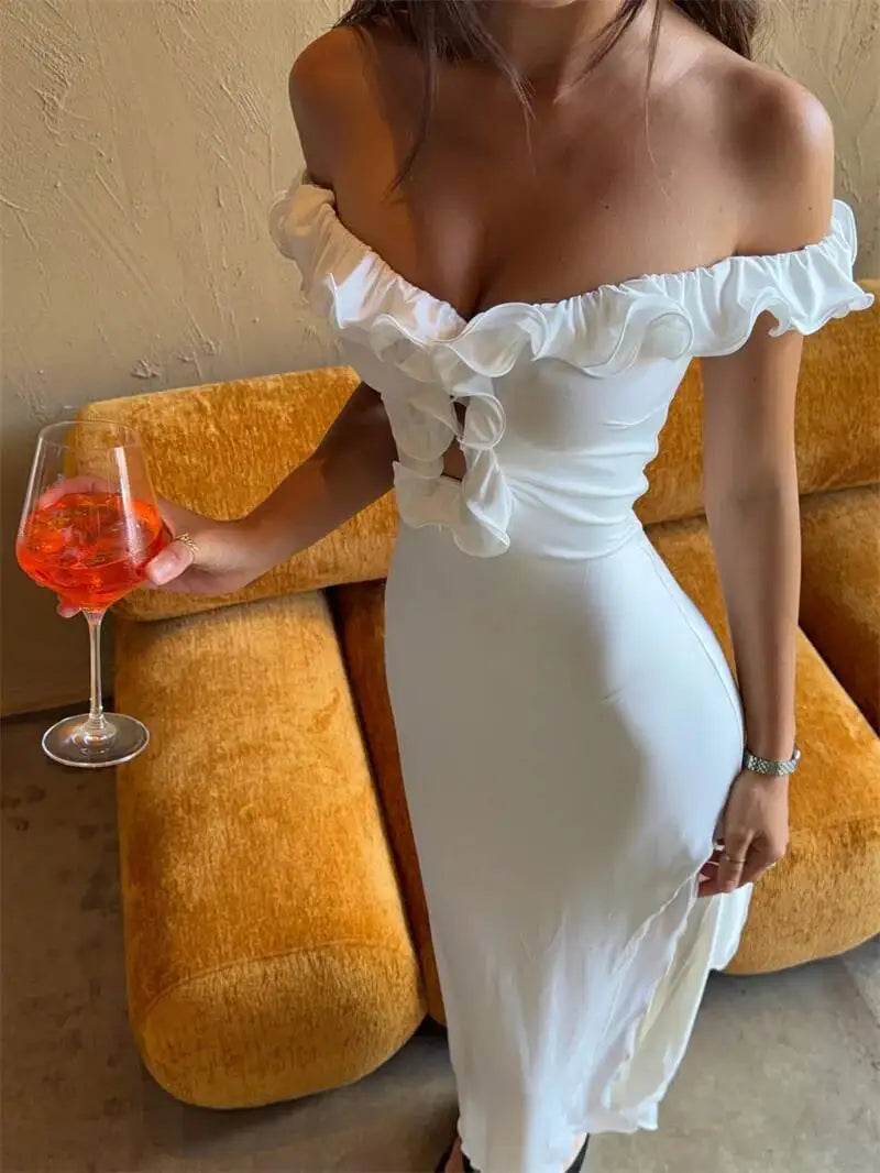 Off Shoulder Ruffle Midi Dress With Front Cutout High Waist Side Split