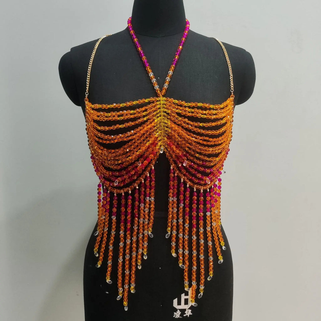 Handmade Orange Mermaid Body Chain Bralette With Beaded Harness
