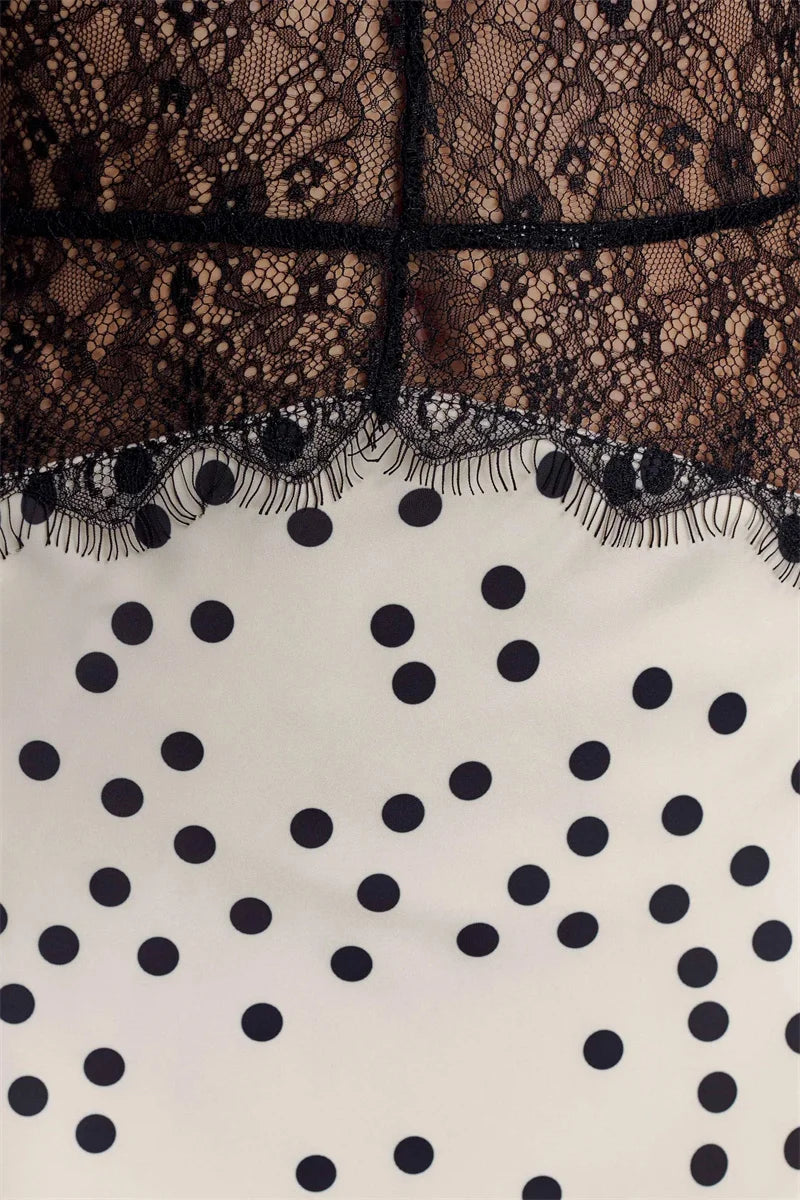 Polka Dot Backless Maxi Dress With Lace Patchwork Halter Neck Deep V Bodycon Evening Gown