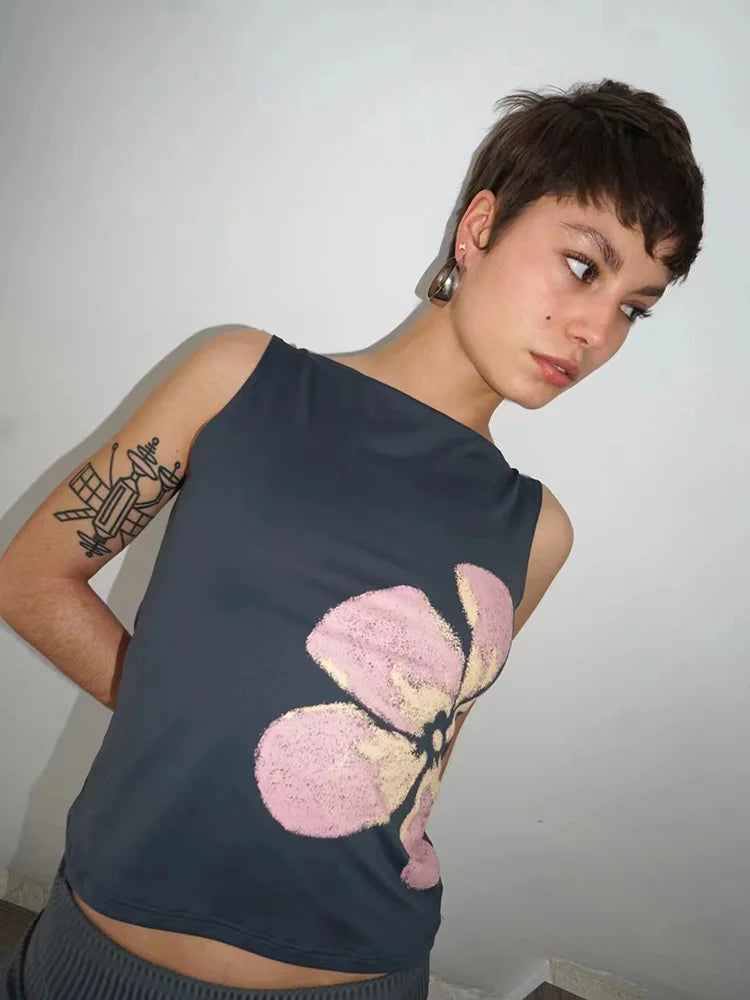 Floral Print Crop Tank Top For Women Fitted Boat Neck Sleeveless