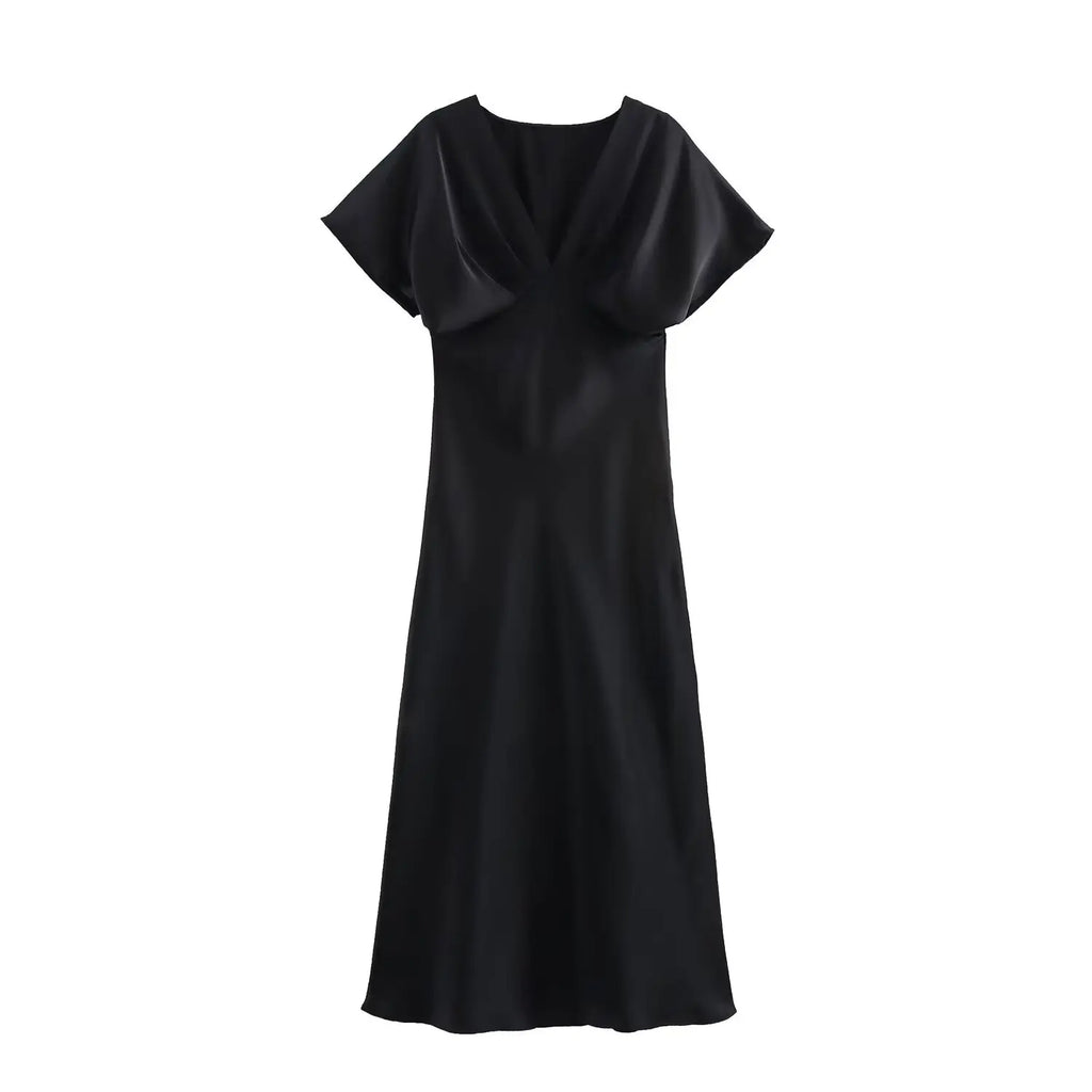 Elegant l Solid Satin Midi Dress With V Neck And Short Sleeves