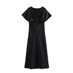 Elegant l Solid Satin Midi Dress With V Neck And Short Sleeves