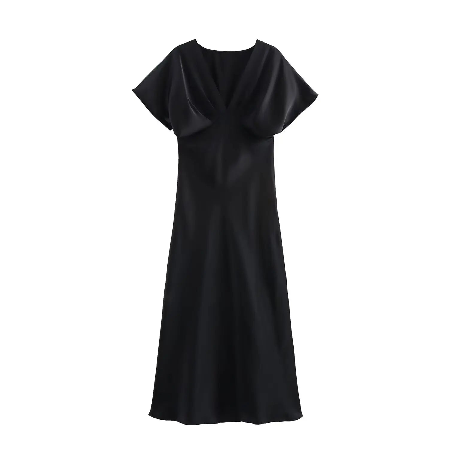 Elegant l Solid Satin Midi Dress With V Neck And Short Sleeves