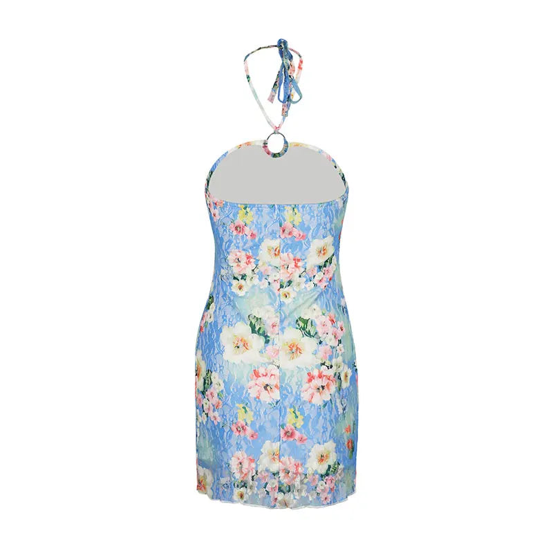 Summer Halter Neck Backless Lace Dress With Hollow Out Print