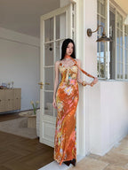 Floral Maxi Dress With Backless Design V Neck Halter Dress