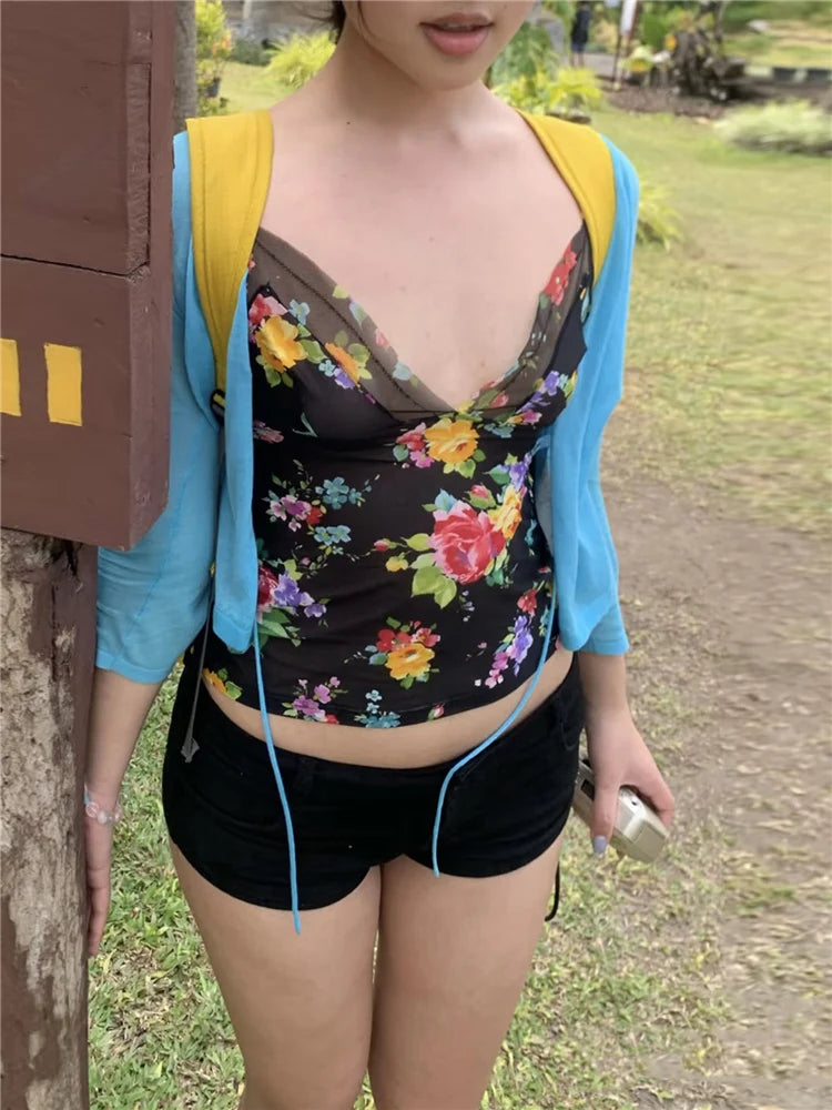 Midnight Floral Mesh Camisole With Patchwork