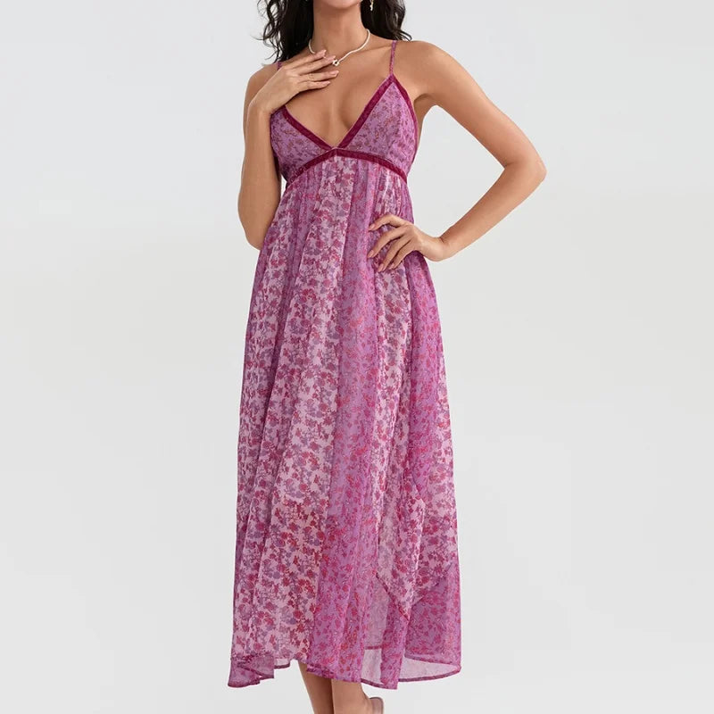 Women's Boho Chiffon Floral Print Long Strap Backless Maxi Dress