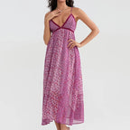 Women's Boho Chiffon Floral Print Long Strap Backless Maxi Dress