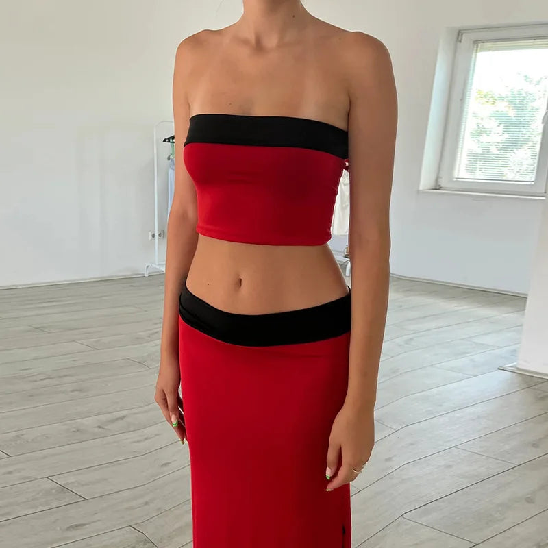 Boho Color Block Strapless Crop Top And Skirt two piece Set For Women