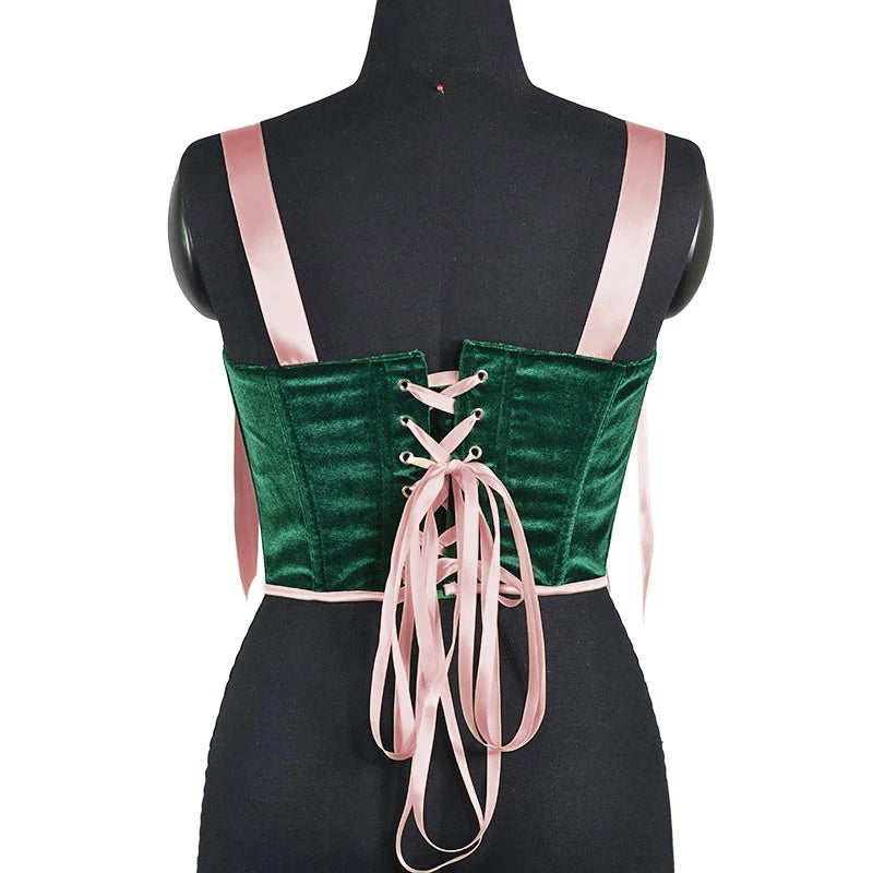 Women Vintage Luxury Corset Bustier Corduroy Bodice Lace Up Boned Shaping