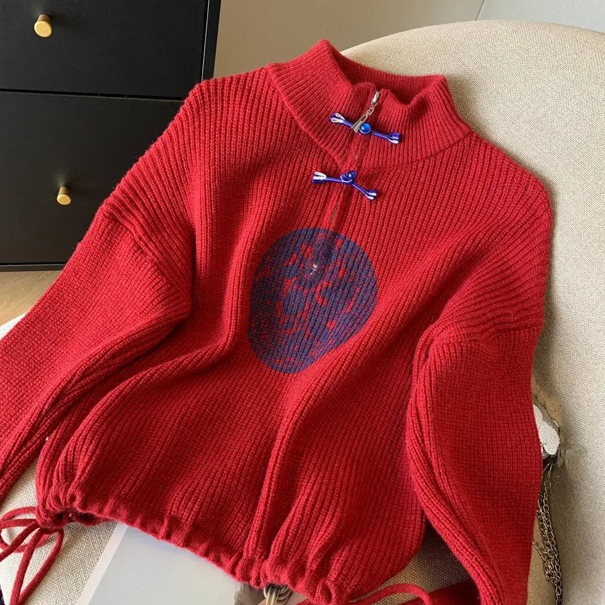 Vintage Knit Sweater With V Neck And Loose Fit