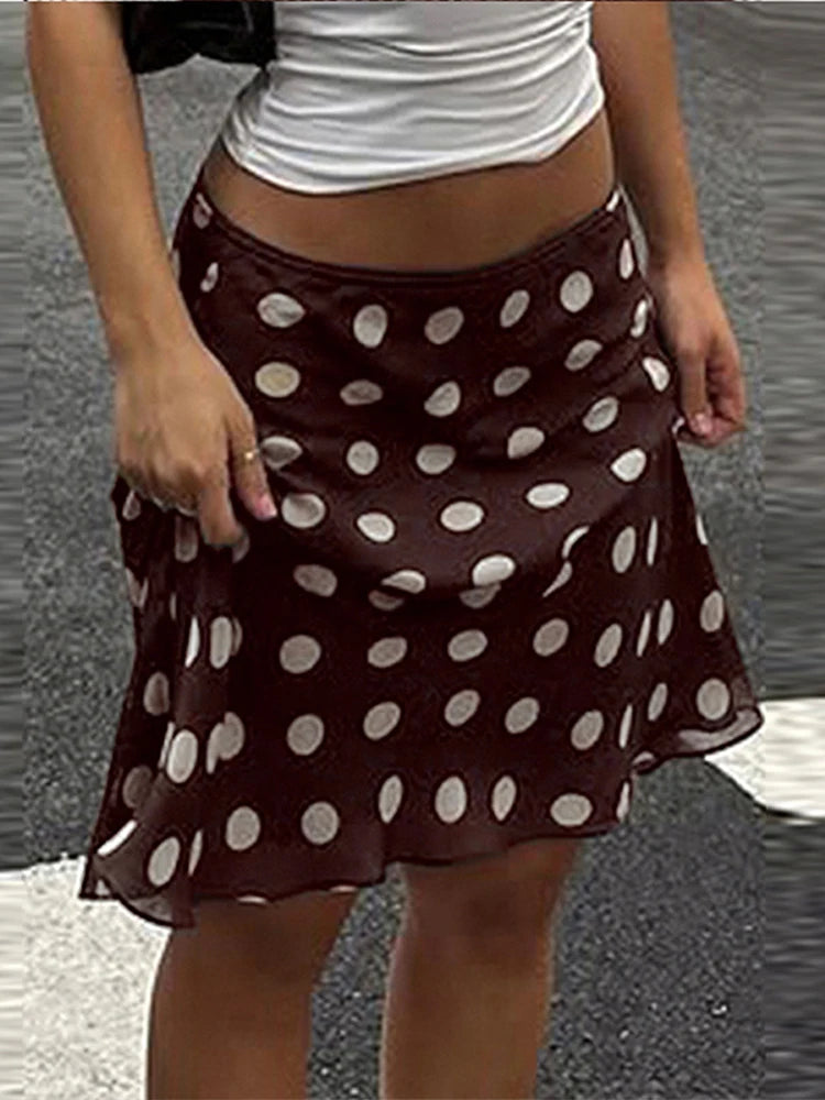 Polka Dot Satin Mesh Midi Skirt With High Waist A Line