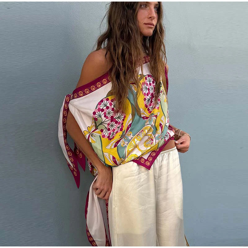 Boho Floral One Shoulder Camisole Tank Top With Asymmetrical Hem