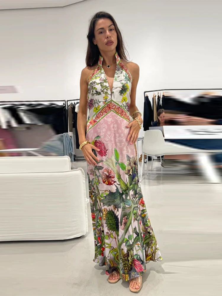Flirty Printed Halter Backless Dress For Summer Party Chic Evening Outfits Slim High Waist