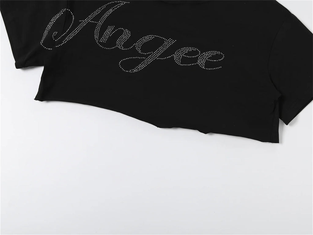 Shimmering Letter Rhinestone Tee Off Shoulder Top With Skew Collar