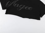 Shimmering Letter Rhinestone Tee Off Shoulder Top With Skew Collar