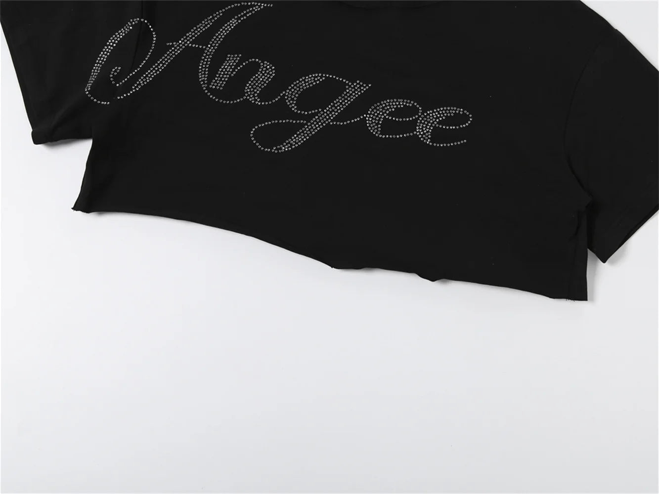 Shimmering Letter Rhinestone Tee Off Shoulder Top With Skew Collar