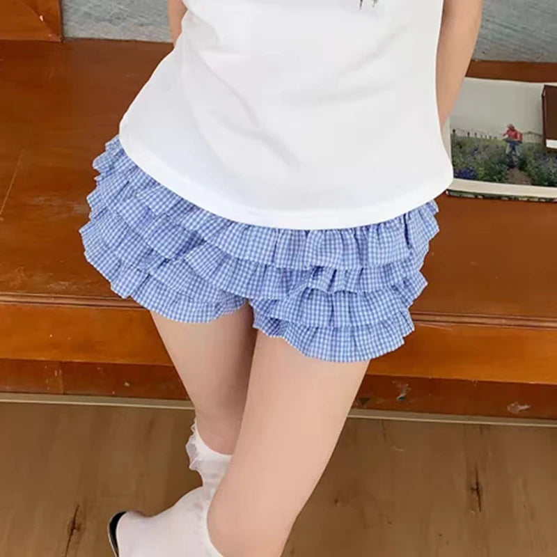 Layered Ruffle Plaid Shorts Lolita-Inspired Vintage Bloomers with Low Waist