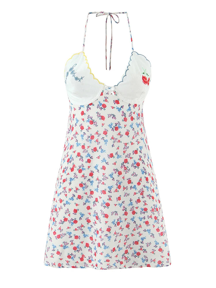Women Fashion Sweet Floral Print Chic Halter Neck Cami Mini Y2K Embroidery Backless Dress
