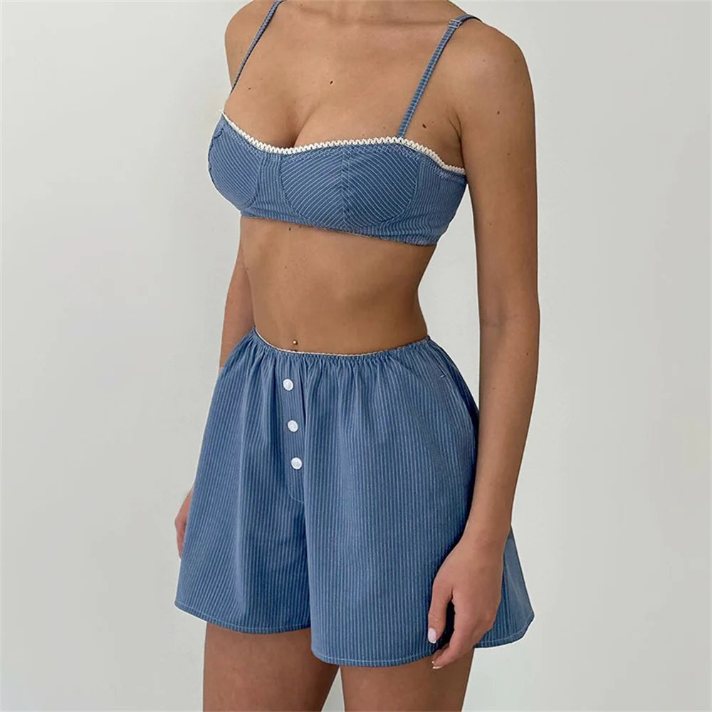 Crop Top Set With High Waist Shorts Spaghetti Strap Two- Piece