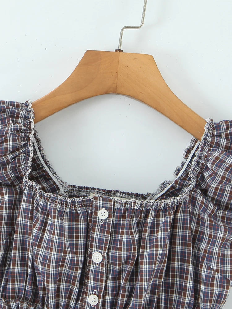Sweet Plaid Chic Single Breasted Cropped Tops French Square Collar Puff Sleeve Blouse