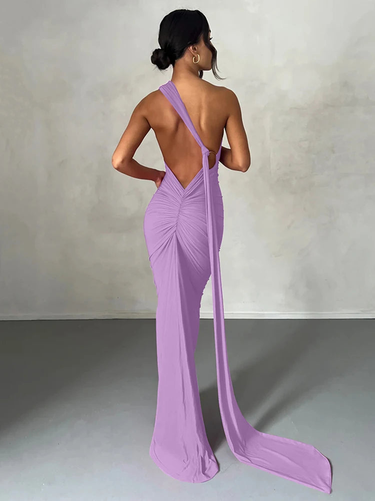 One Shoulder Backless Ruched Dress