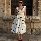 Long Polka Dot Skirt Set With Cropped Puffy Sleeveless Top