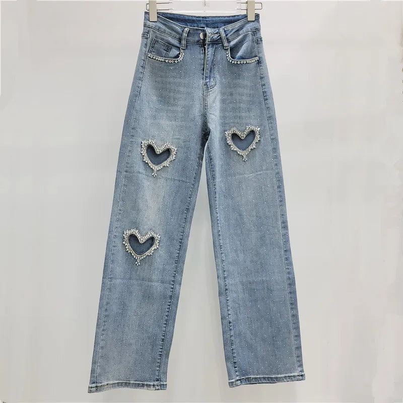 Romantic Heart Cutout Straight Jeans With High Waist