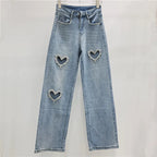 Romantic Heart Cutout Straight Jeans With High Waist