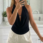 Silky Satin Halter Crop Top With Cowl Neck Backless