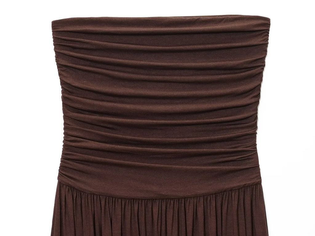 Elegant Strapless Off Shoulder Pleated Maxi Dress With Slim Silhouette