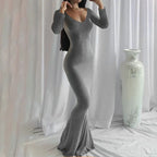 Long Sleeve Dress With Slim Silhouette And Flowing Maxi Skirt