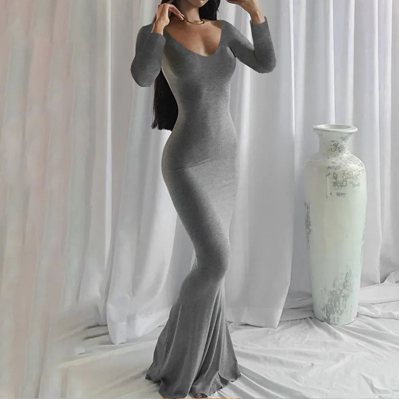 Long Sleeve Dress With Slim Silhouette And Flowing Maxi Skirt