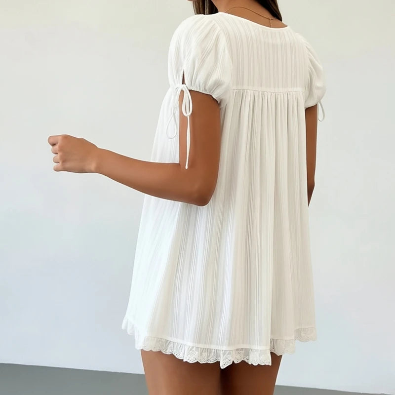 Vintage Puff Sleeve Women Square Neck A-line Mini Ruffled Fairy Flowy Short Dress
