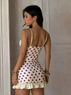 Sweet Spaghetti Strap Polka Dot Dresses Sexy Sleeveless Bowknot Ruched Mini