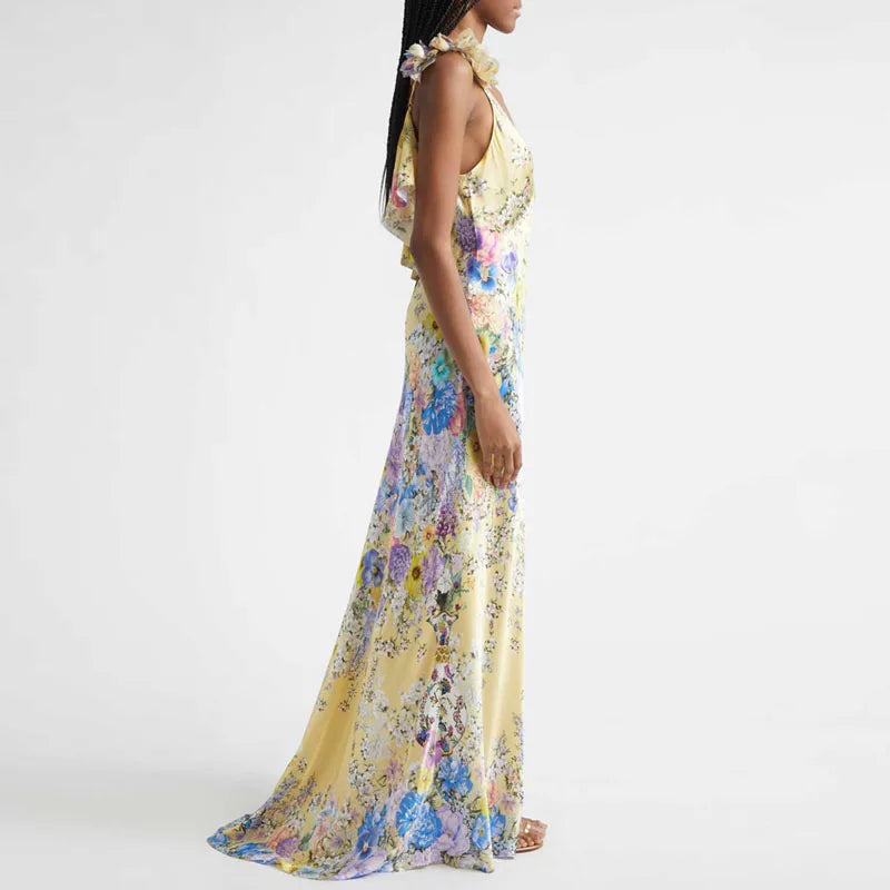 Floral Boho Sleeveless Maxi Dress With Flower Straps V Neck