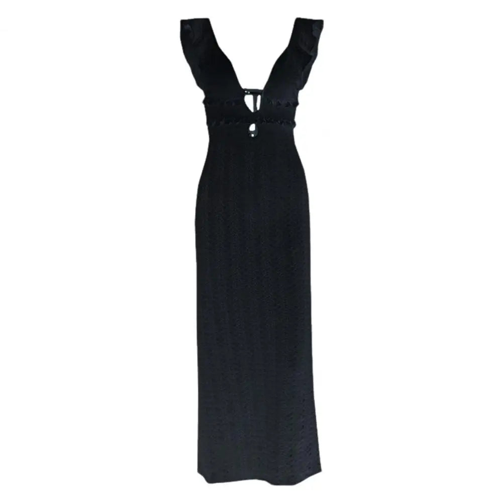 Knit Dress With Backless Hollow Out Lace Up Solid A Line Sleeveless