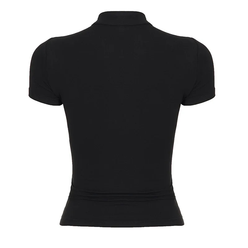 Hollow Stand-Up Collar Shirt With Ultra Slim Fit Short Sleeve Black Top