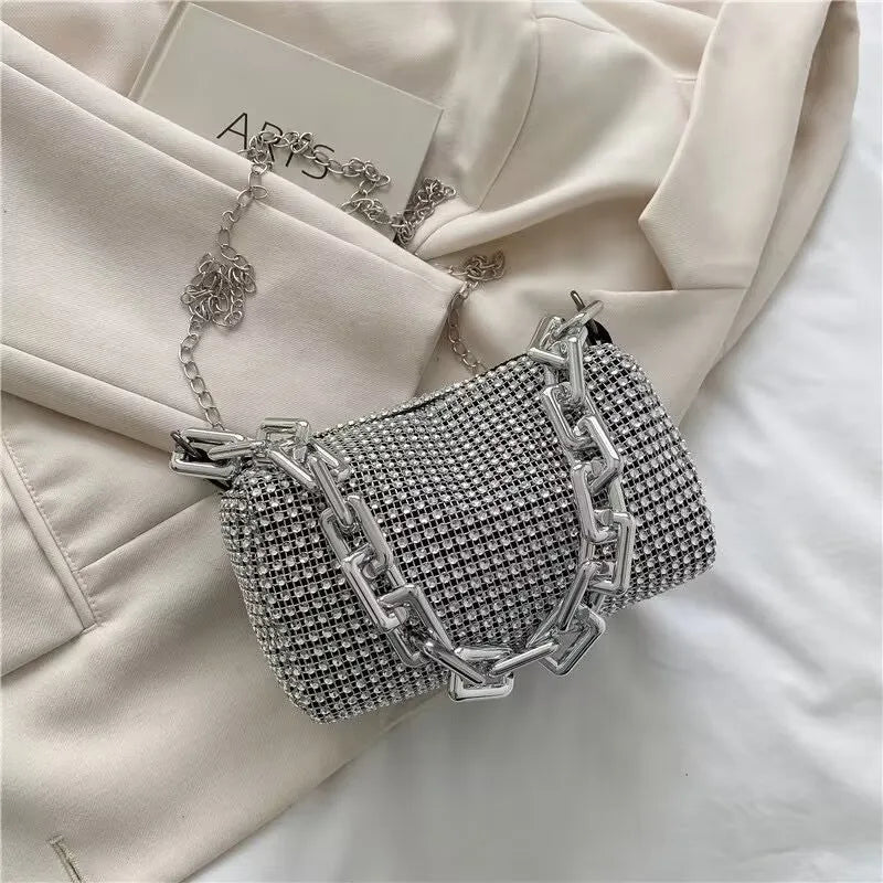 Mini Crossbody Rhinestone Bucket Bag With Glitter Chain Purse