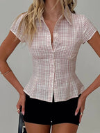 Vintage Plaid Button Down Shirt For Women Short Sleeve Blouse