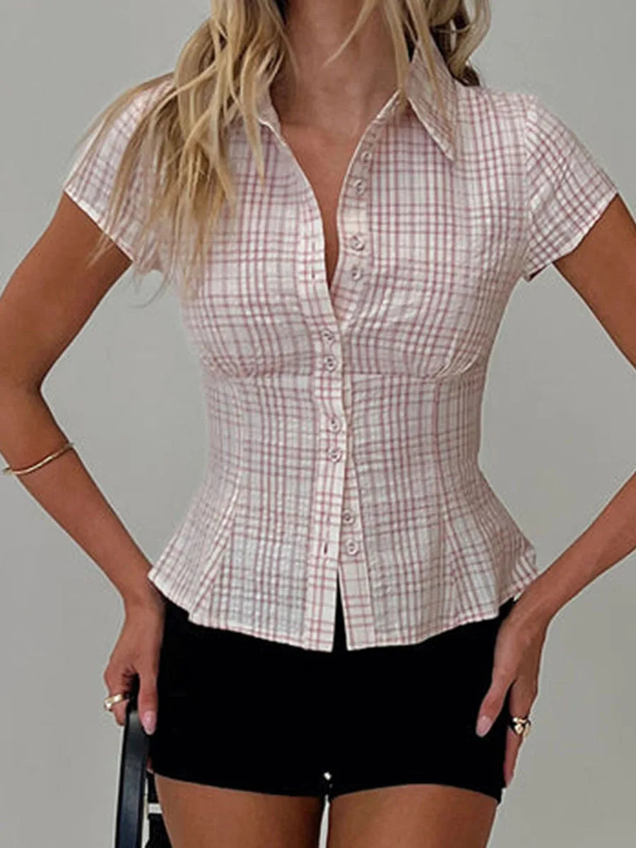 Vintage Plaid Button Down Shirt For Women Short Sleeve Blouse