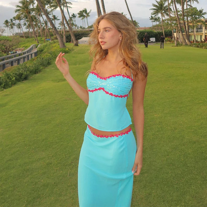 Sequined Beach Two Piece Set Halter Top And Skirt