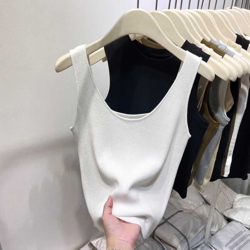 Knitted Strap Top With Clavicle Square Collar