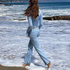 Ribbed Knit Two Piece Tracksuit Set With Hooded Crop Top And Elastic Zippered Pants