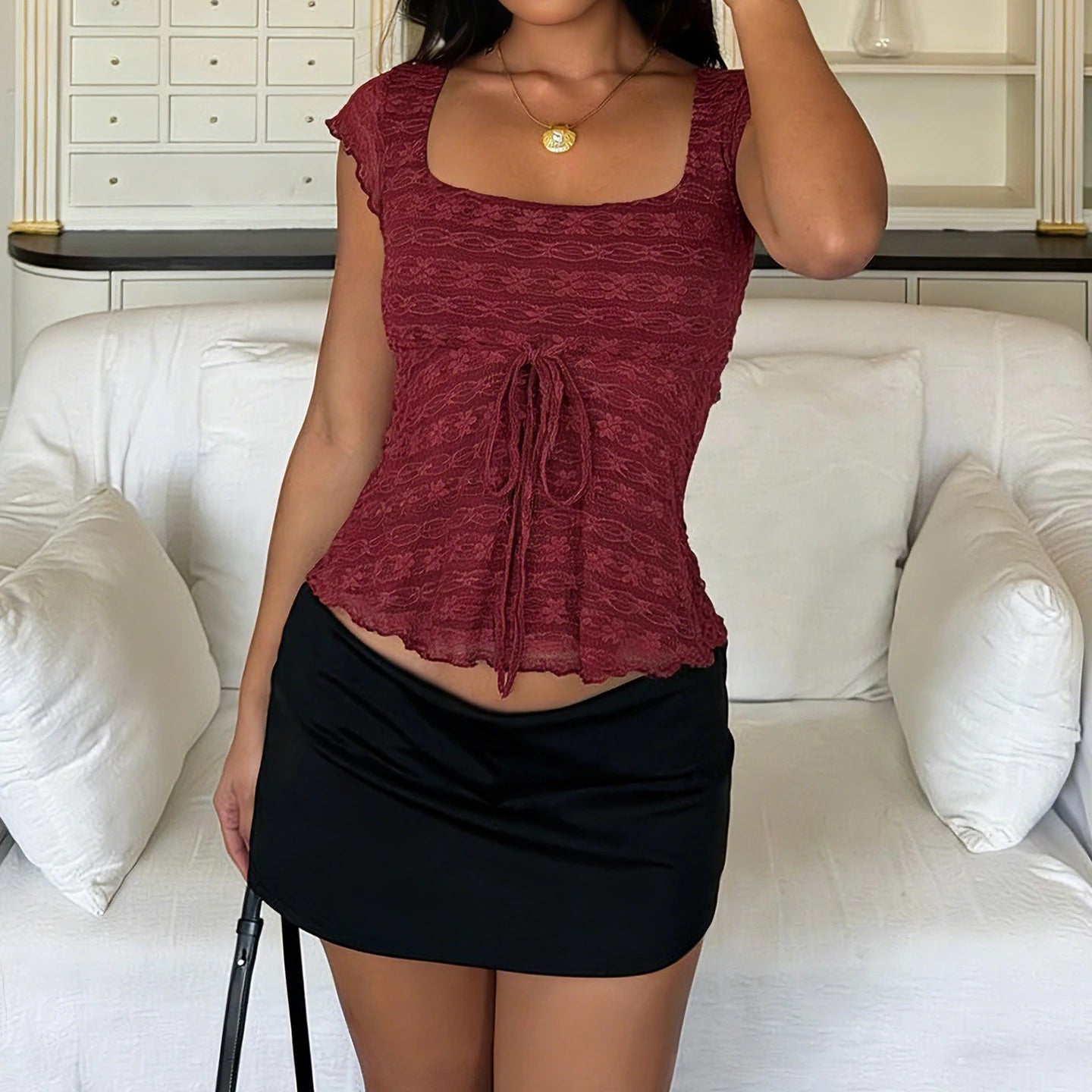 Sexy Wood Ear Lace-Tie Women Y2k Slim Square Collar Short Sleeve Camisole