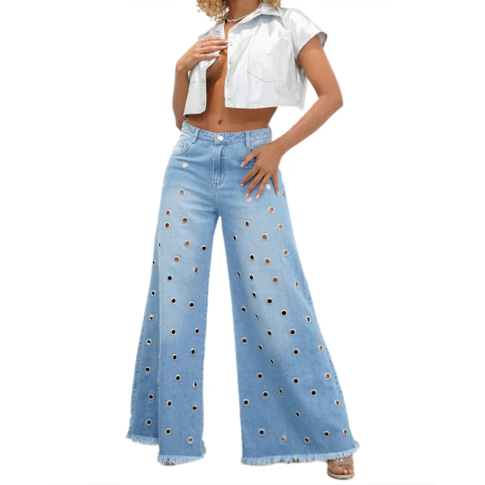 Vintage Vibe Women Retro Flared Jeans Wide Leg Loose Fit