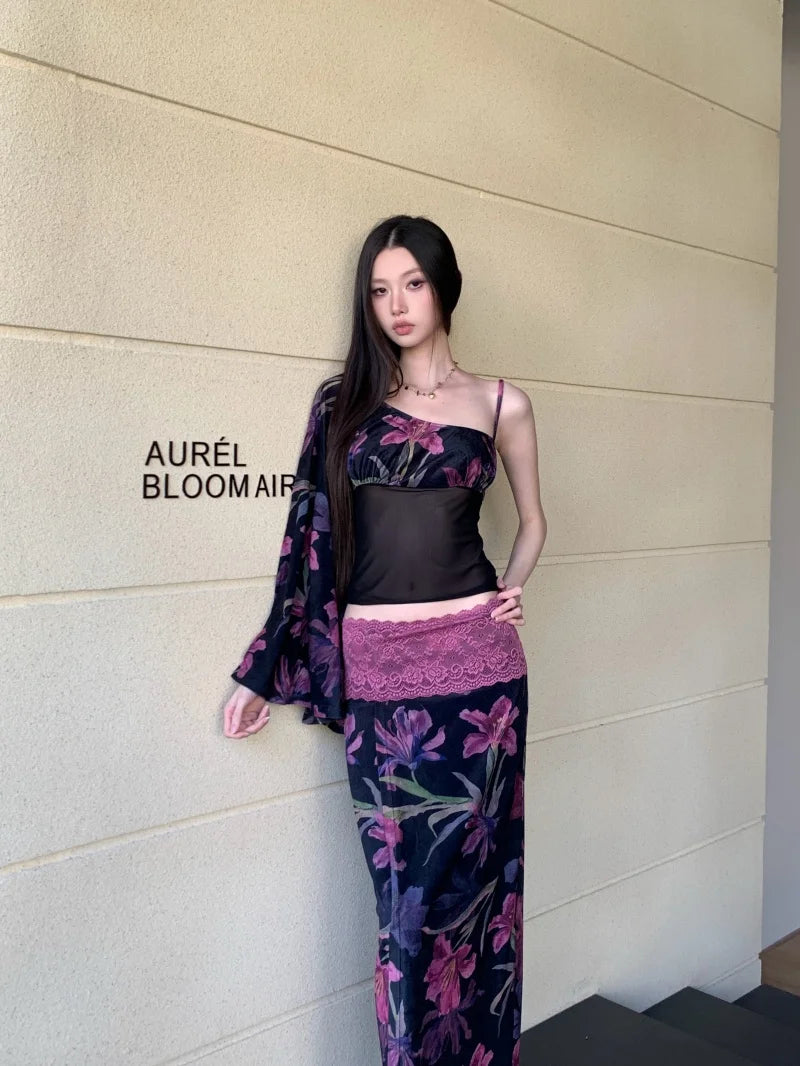 Floral Vintage Velour Off Shoulder Two Piece Set