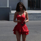 Ruffled Hem Sleeveless Mini Dress With V Neck Backless Irregular A Line Bodycon Streetwear Chic
