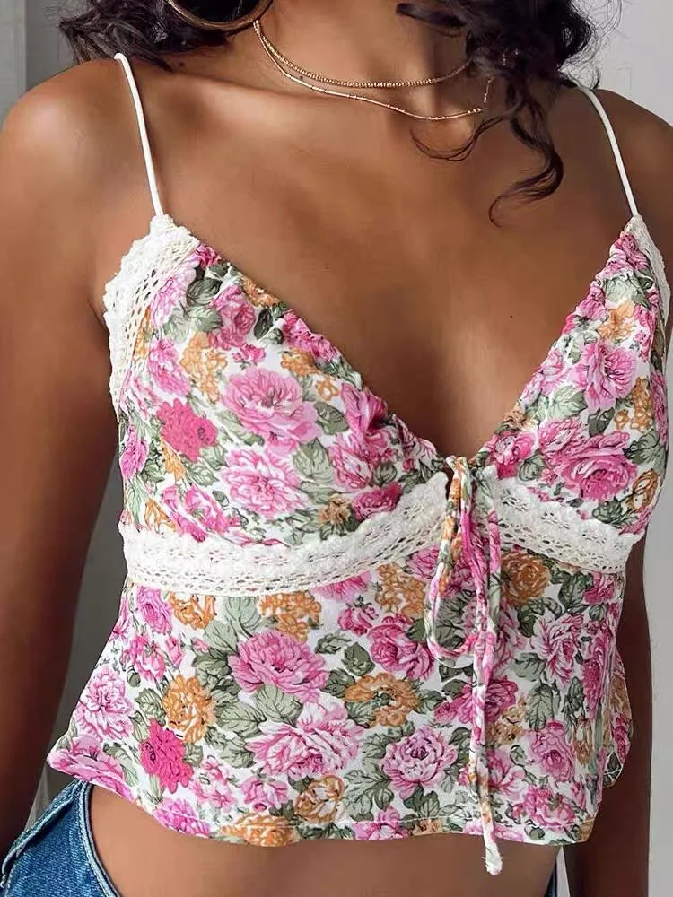 Floral Print Chiffon Sexy Backless Slim Super Short Lace Camis Top