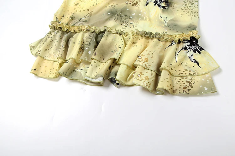 See Through Two Piece Set With Ruffles Patchwork Camisole And Tiered Skirts